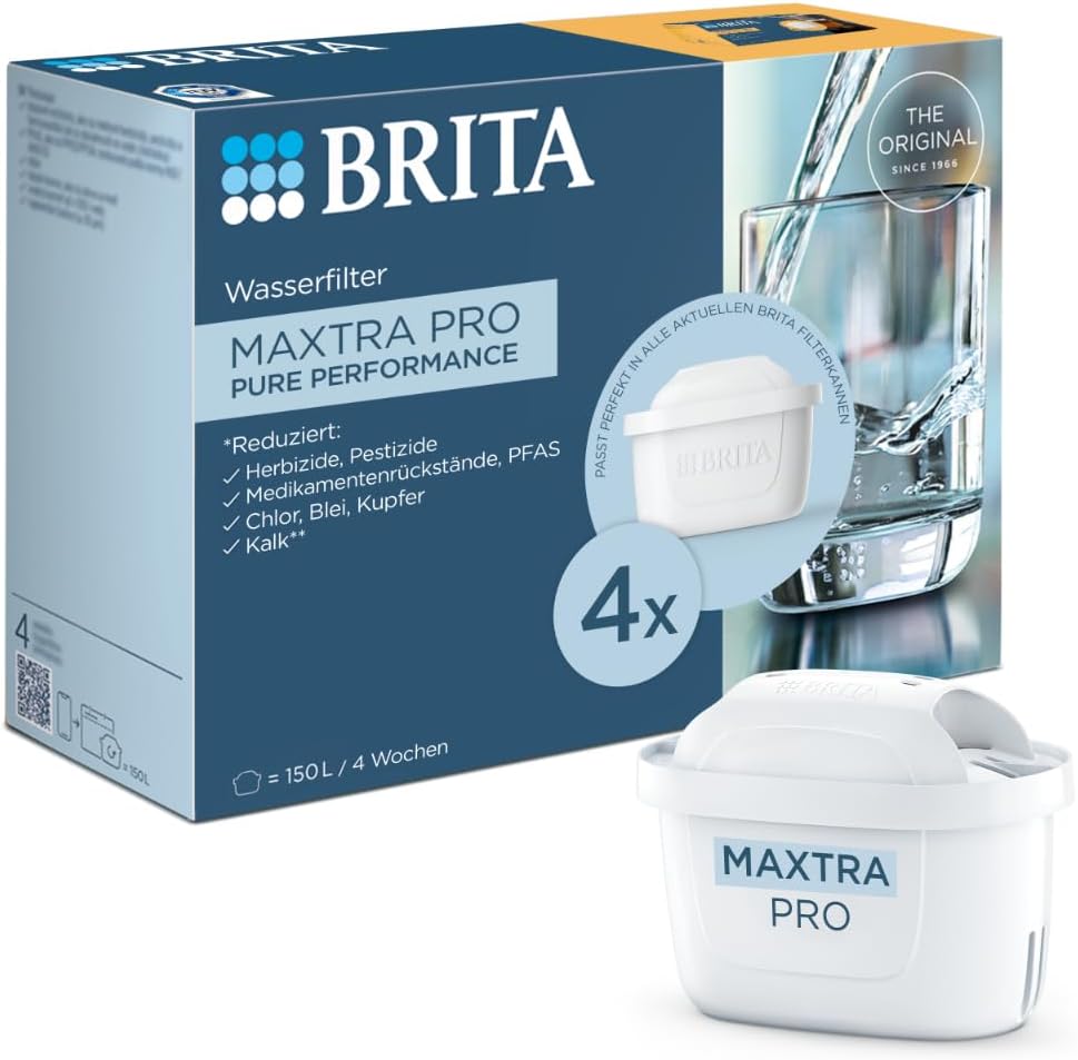 BRITA Maxtra Pro All-in-1 Water Filter Cartridge, Pack of 4, Original BRITA Replacement Cartridge Reduces Limescale, Chlorine, Pesticides and Impurities for Tap Water with Better Taste