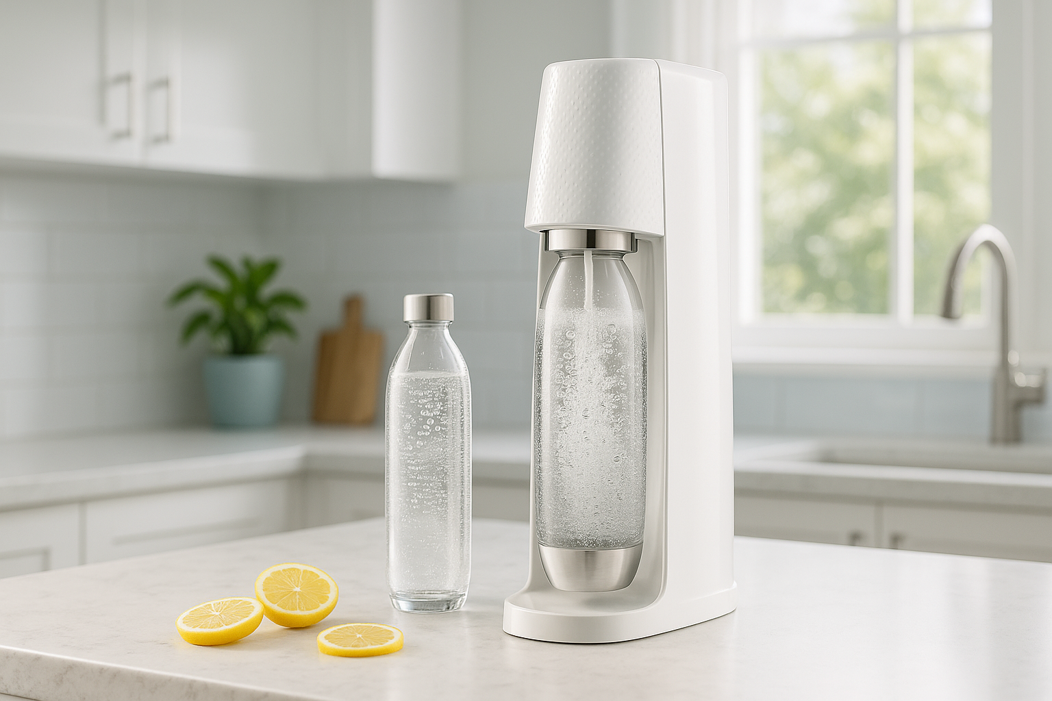 A bright, modern kitchen setting with a SodaStream-style sparkling water maker on a clean countertop. Next to it: a reusable glass bottle filled with bubbly water, fresh lemon slices, and a subtle blue accent in the background. A friendly, sustainable atmosphere. Soft daylight coming through a window, minimal decor, eco-conscious mood, high-resolution lifestyle photography.