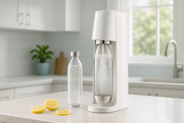 A bright, modern kitchen setting with a SodaStream-style sparkling water maker on a clean countertop. Next to it: a reusable glass bottle filled with bubbly water, fresh lemon slices, and a subtle blue accent in the background. A friendly, sustainable atmosphere. Soft daylight coming through a window, minimal decor, eco-conscious mood, high-resolution lifestyle photography.
